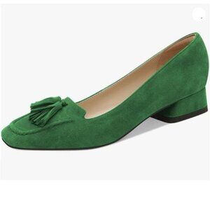 YDN Women Chunky Block Low Heel Loafers Square Toe Tassel Fringed Pumps Green